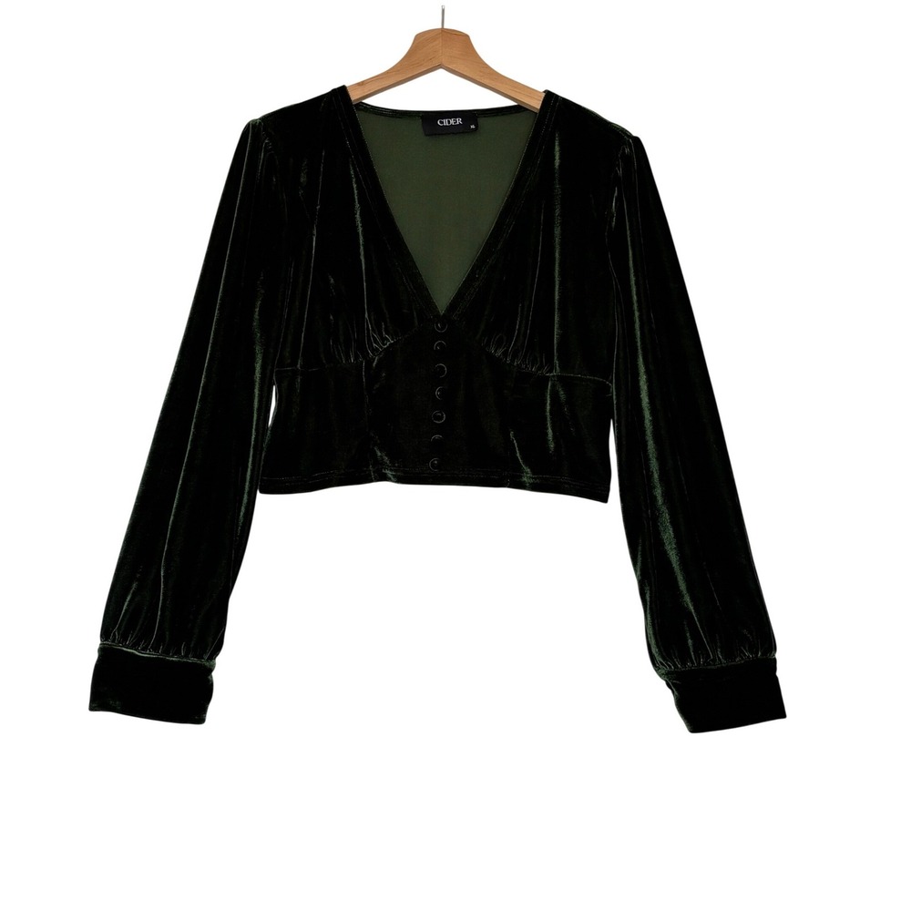 Cider Green Velvet Crop Top Long Sleeve Button Front V-Neck XL Forest Green